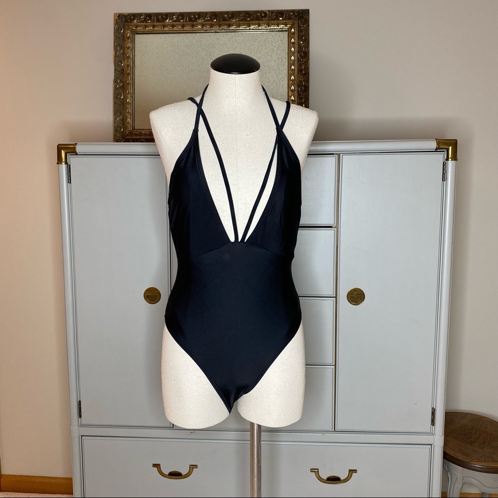 Plunge Neck Strappy Low Back High Cut One Piece Swimsuit Small